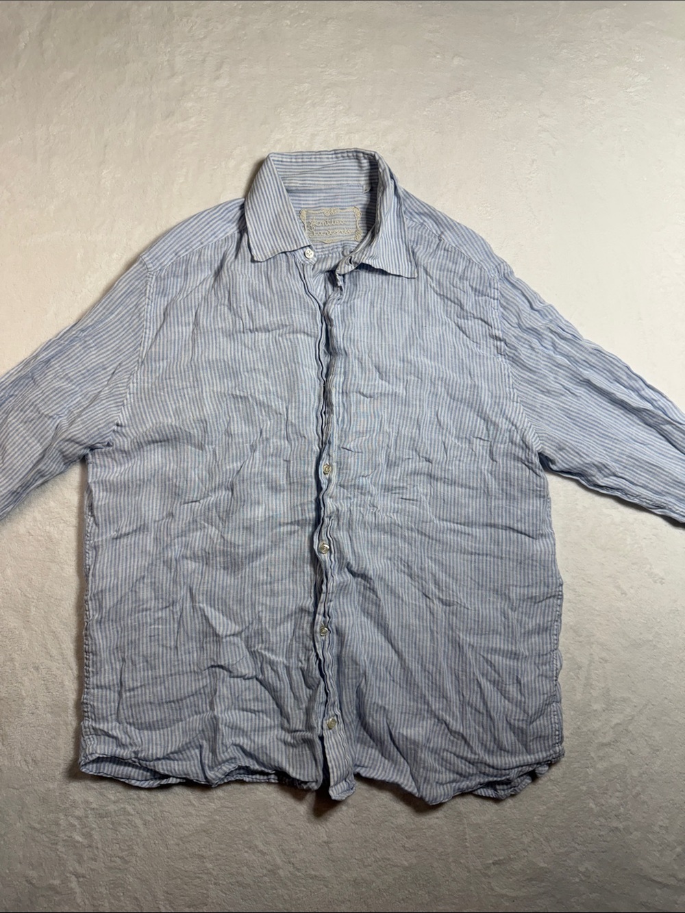 Antica Sartoria Light Blue Striped Linen Button-Down Shirt